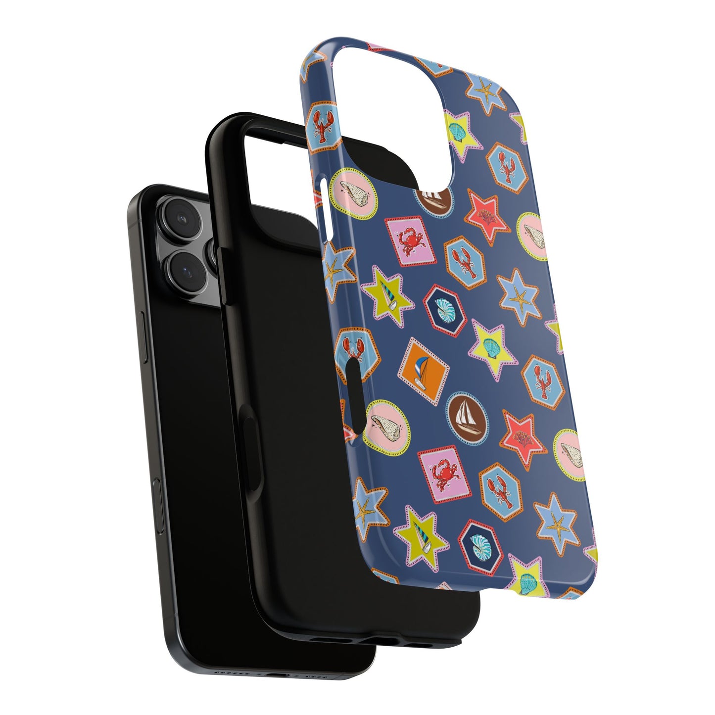 Lobsters Sailboats and Seashells on Navy Blue Phone Case