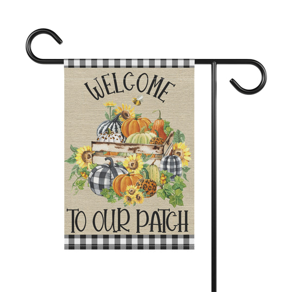 Welcome to Our Patch Garden Flag – 12”x18” Fall Yard Banner with Pumpkins, Sunflowers & Buffalo Plaid Accents