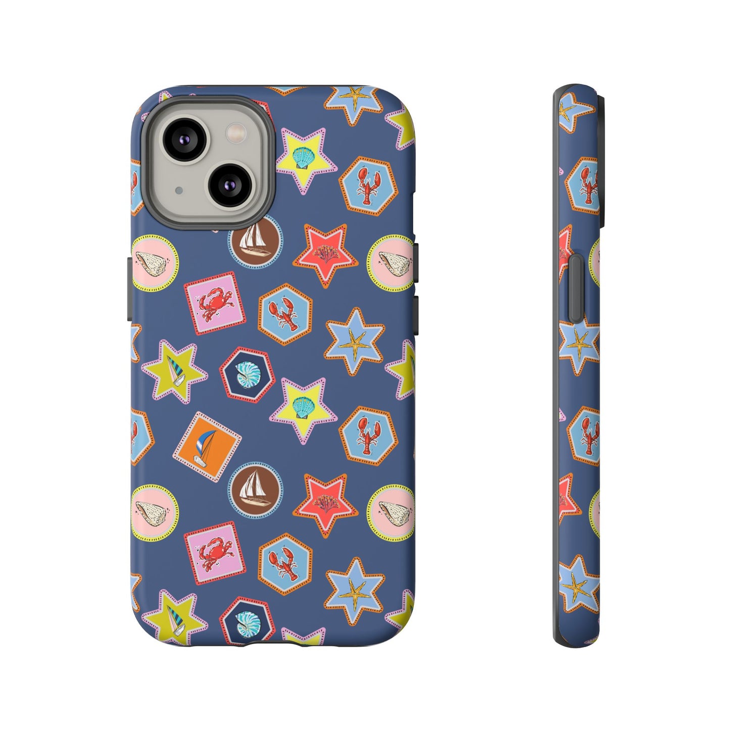 Lobsters Sailboats and Seashells on Navy Blue Phone Case