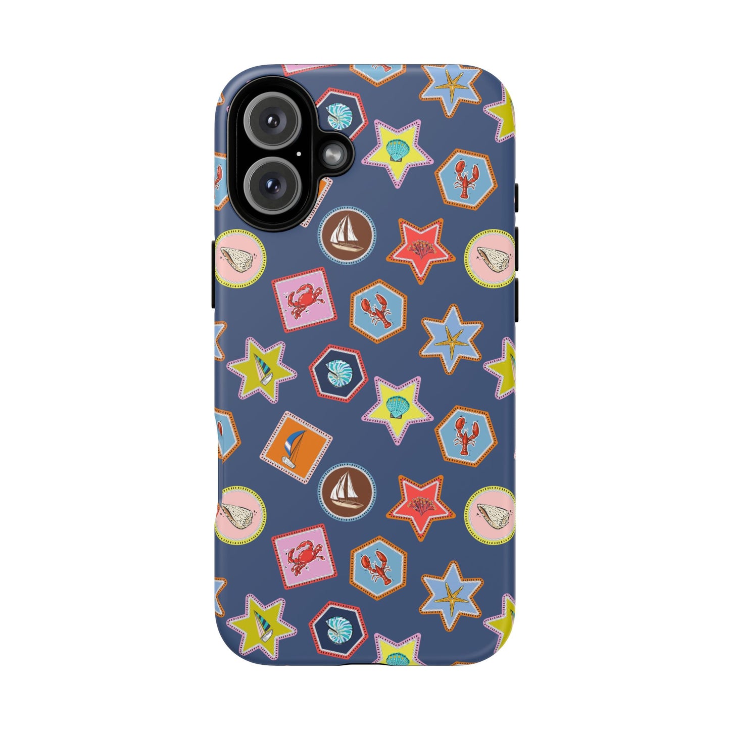Lobsters Sailboats and Seashells on Navy Blue Phone Case