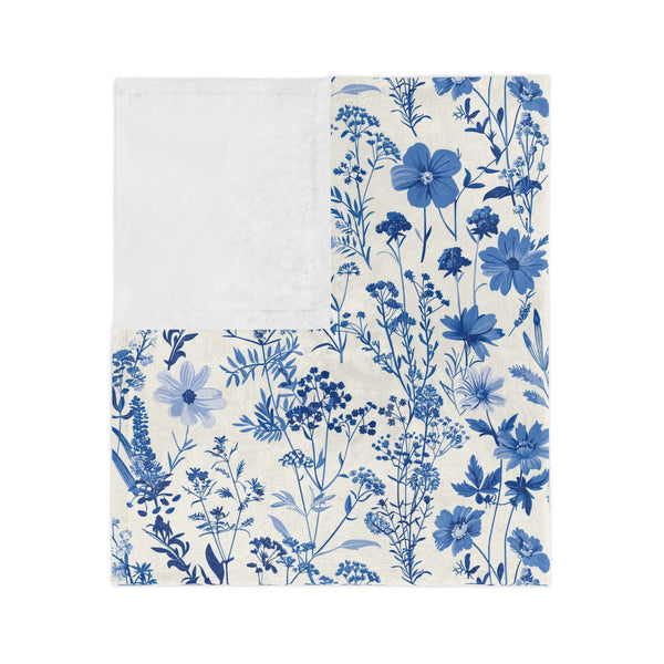 Blue Floral Toile Velveteen Blanket, Cozy Microfiber Throw for Home Decor, Gift for Her, Bedroom Decor, Perfect for Weddings and Holidays