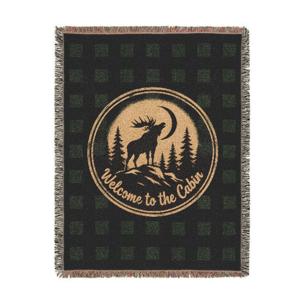 Welcome to the Cabin Woven Blanket | Moose & Pine Tree Buffalo Plaid Throw | Rustic Lodge Cabin Decor | Fall & Winter Gift