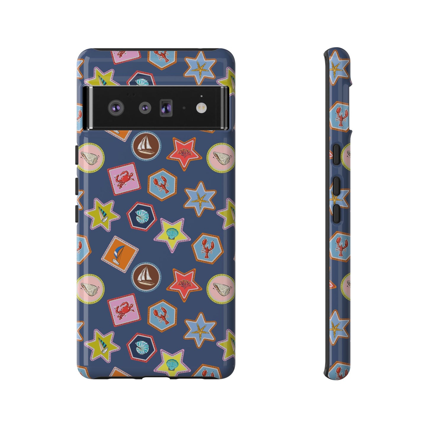 Lobsters Sailboats and Seashells on Navy Blue Phone Case