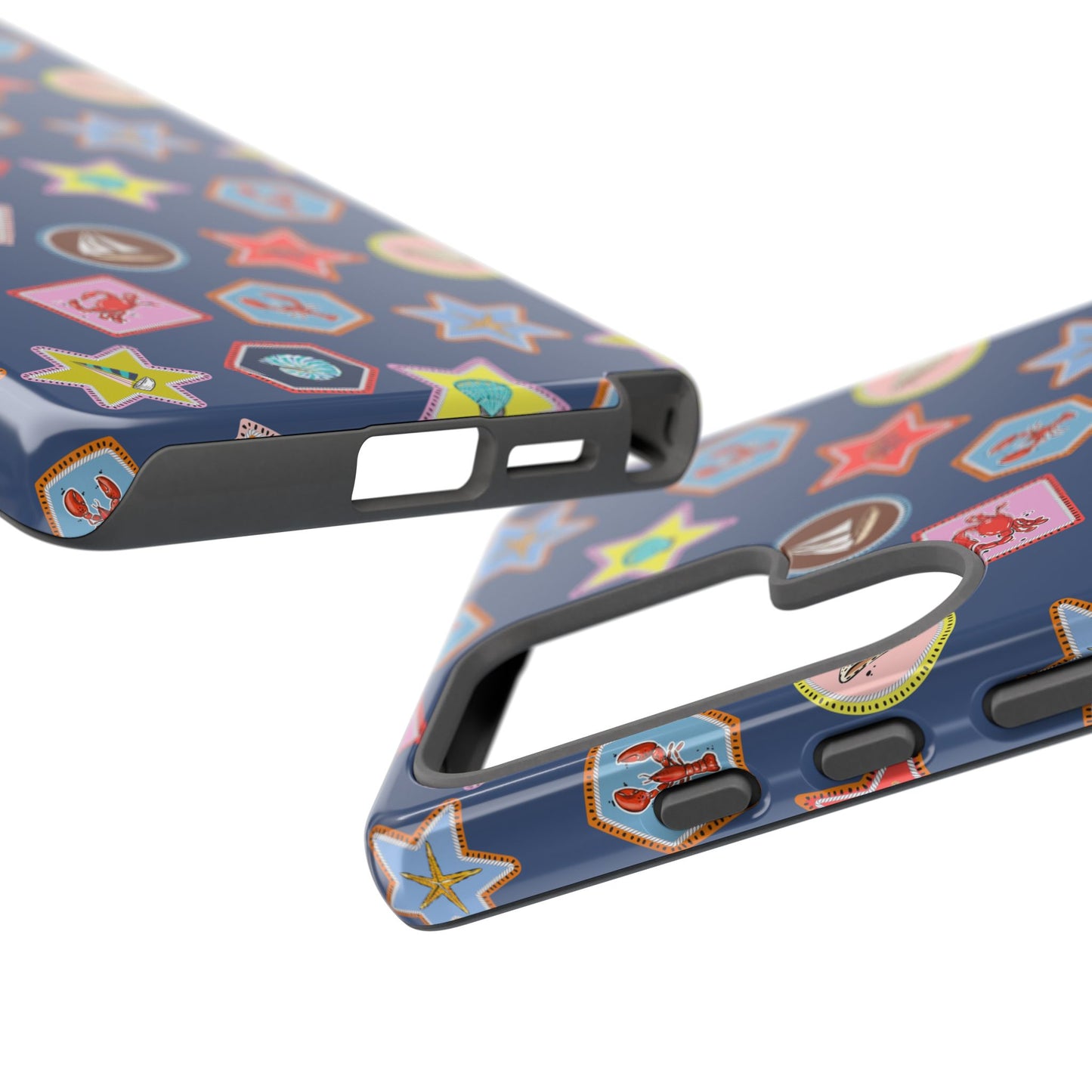 Lobsters Sailboats and Seashells on Navy Blue Phone Case