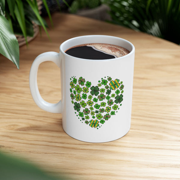 Shamrock Heart Ceramic 11oz Mug, Shamrocks In A Heart Design 11oz Mug