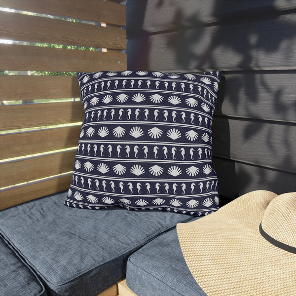 Navy Blue and White Seahorses and Shells Outdoor Pillow