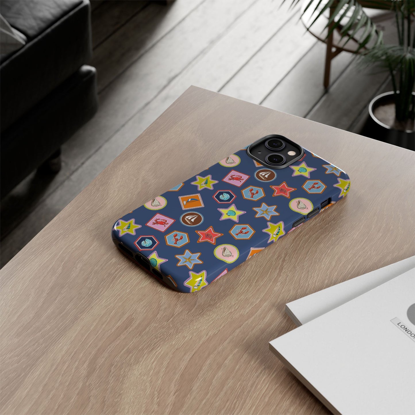 Lobsters Sailboats and Seashells on Navy Blue Phone Case