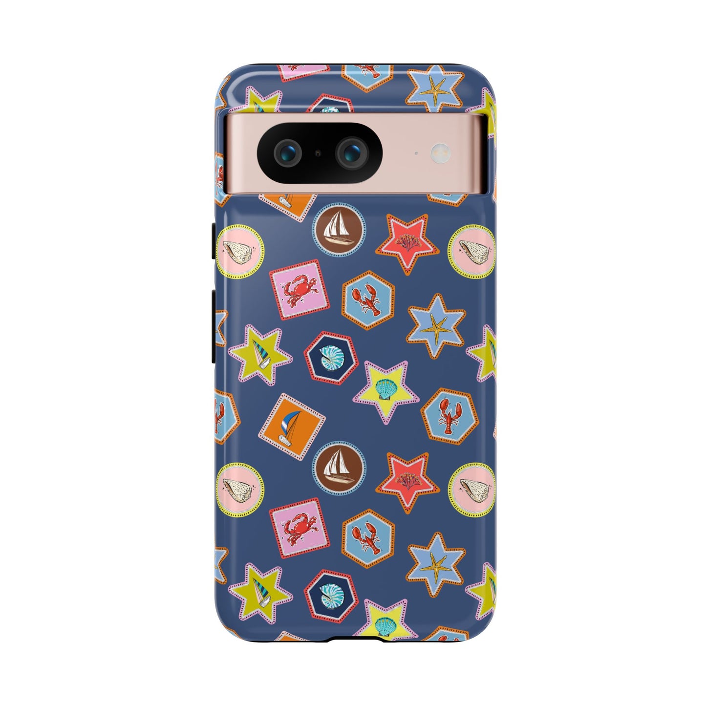 Lobsters Sailboats and Seashells on Navy Blue Phone Case