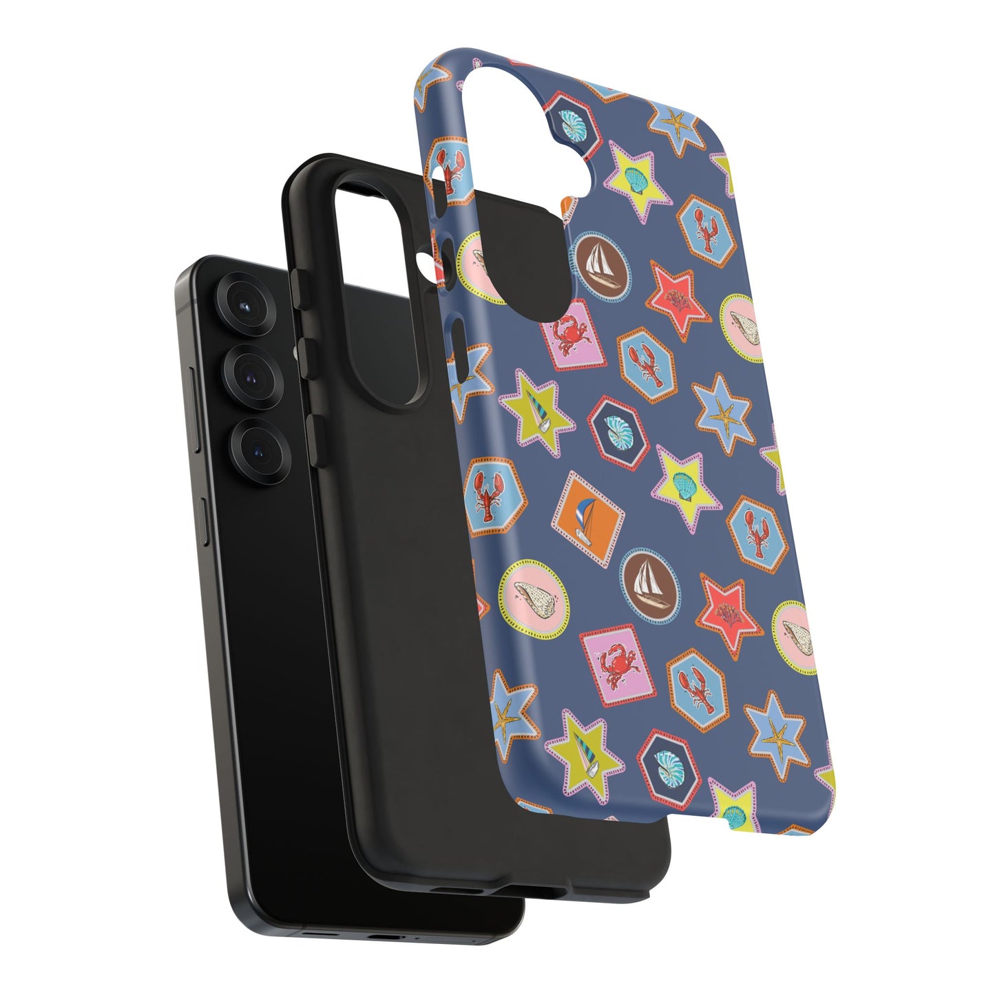 Lobsters Sailboats and Seashells on Navy Blue Phone Case