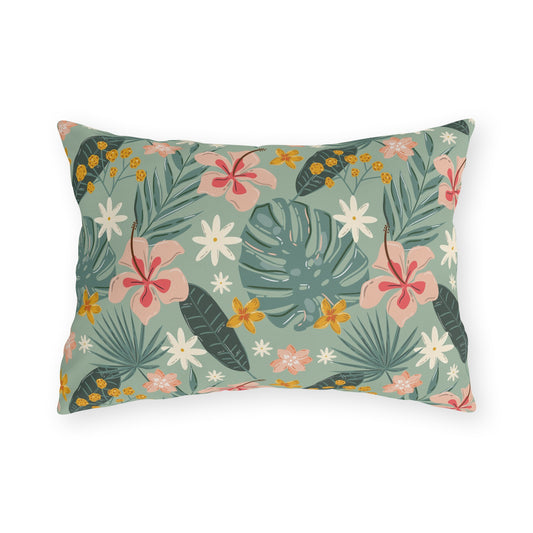 Palm Leaf & Hibiscus - Outdoor Throw Pillow