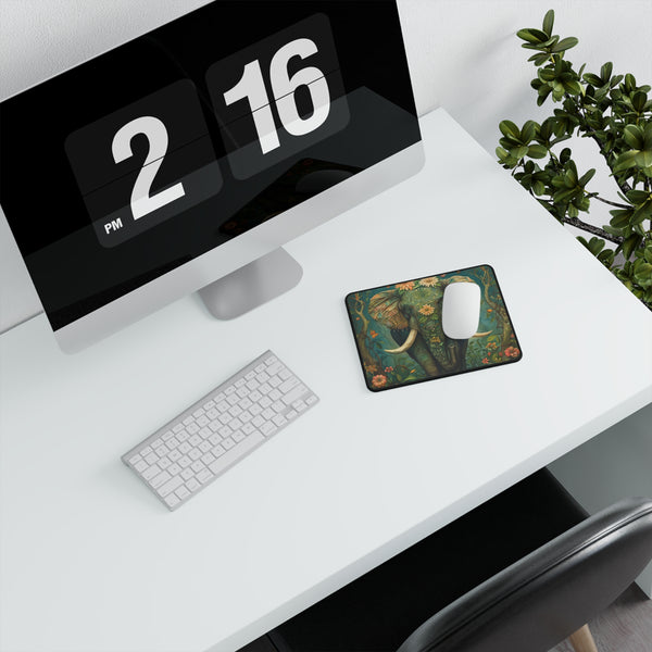 A rectangular mouse pad with an elephant design and a non-slip black base, placed on a desk next to a computer monitor and keyboard.
