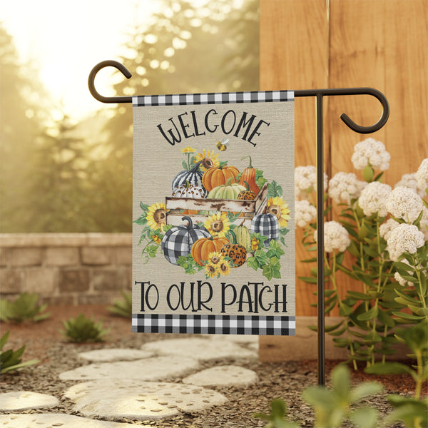 Welcome to Our Patch Garden Flag – 12”x18” Fall Yard Banner with Pumpkins, Sunflowers & Buffalo Plaid Accents