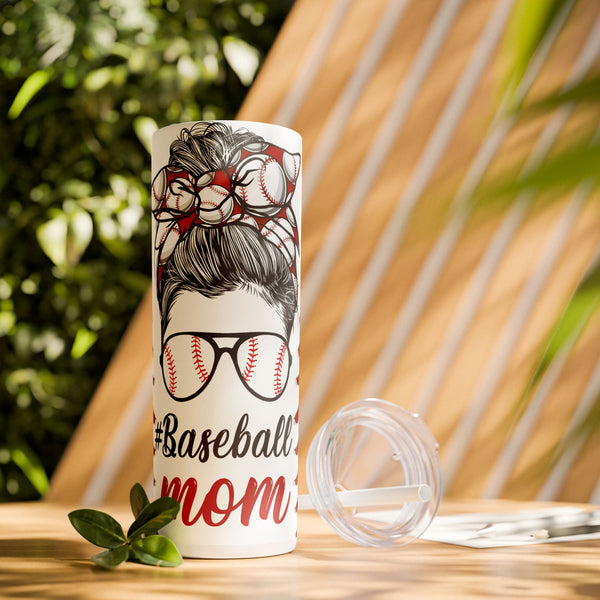 white 20 oz skinny tumbler with Baseball Mom design