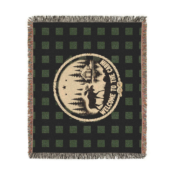 Welcome to the Cabin Woven Blanket | Moose, Log Cabin & Lake Buffalo Plaid Throw | Rustic Lodge Decor | Fall & Winter Gift