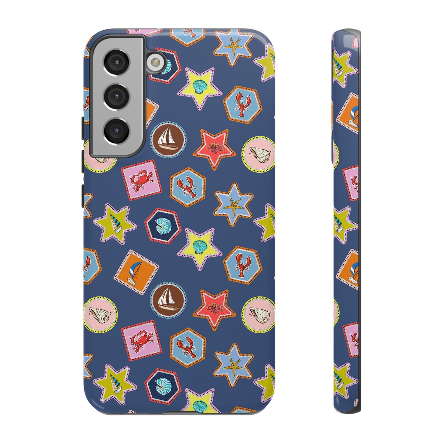 Lobsters Sailboats and Seashells on Navy Blue Phone Case