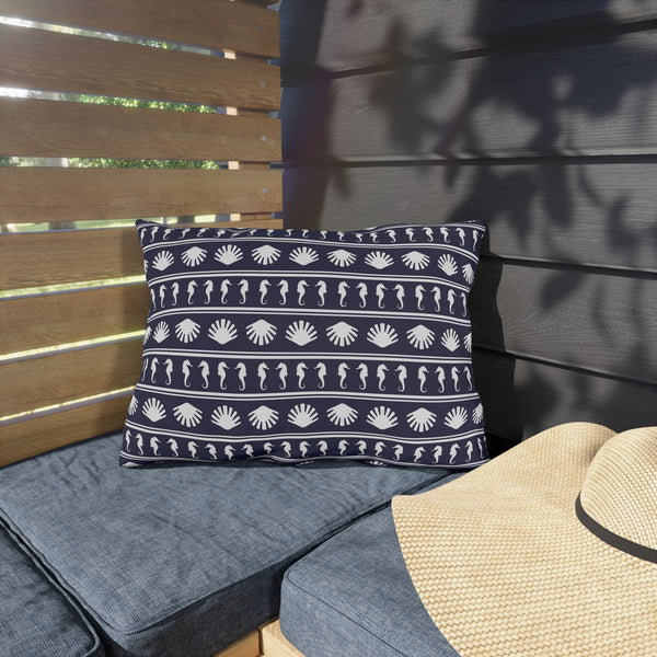 Navy Blue and White Seahorses and Shells Outdoor Pillow