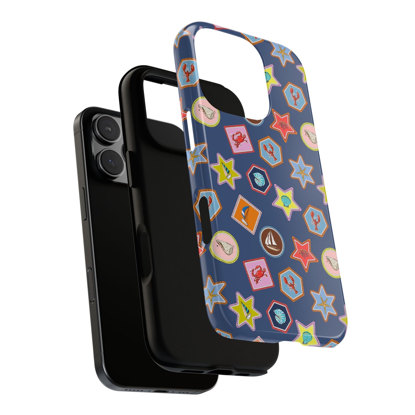 Lobsters Sailboats and Seashells on Navy Blue Phone Case