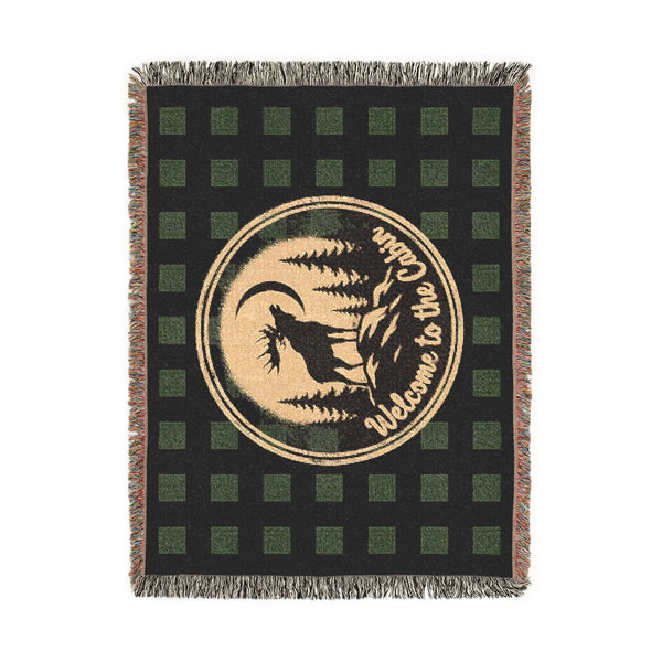 Welcome to the Cabin Woven Blanket | Moose & Pine Tree Buffalo Plaid Throw | Rustic Lodge Cabin Decor | Fall & Winter Gift