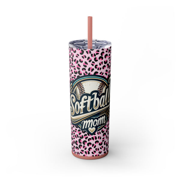 Softball Mom, Pink Leopard Print, Skinny Tumbler with Straw, 20oz Tumbler, Softball Life