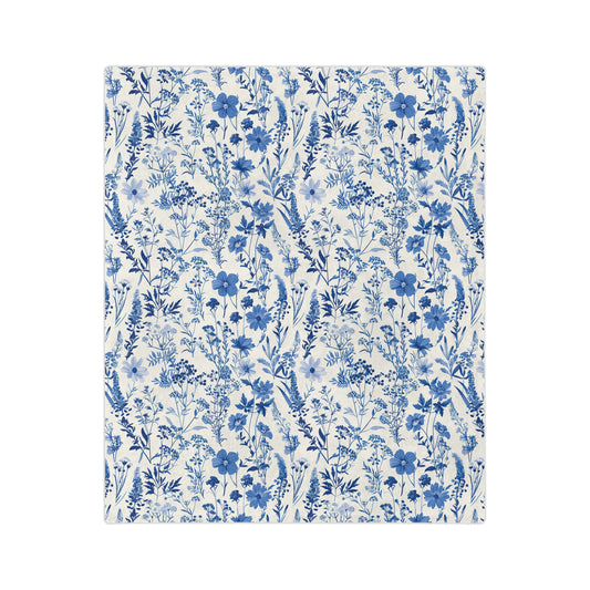 Blue Floral Toile Velveteen Blanket, Cozy Microfiber Throw for Home Decor, Gift for Her, Bedroom Decor, Perfect for Weddings and Holidays
