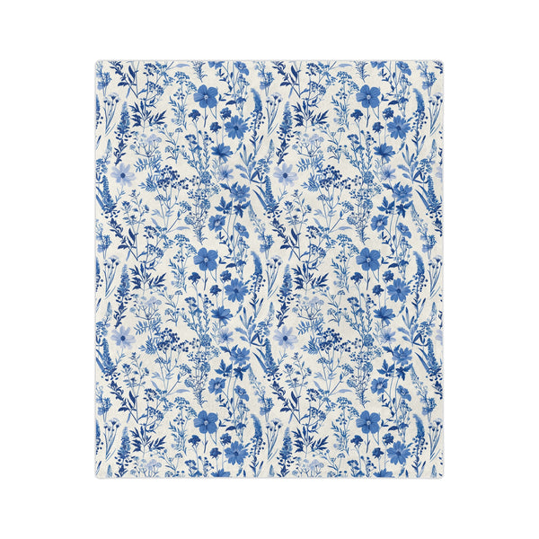 Blue Floral Toile Velveteen Blanket, Cozy Microfiber Throw for Home Decor, Gift for Her, Bedroom Decor, Perfect for Weddings and Holidays