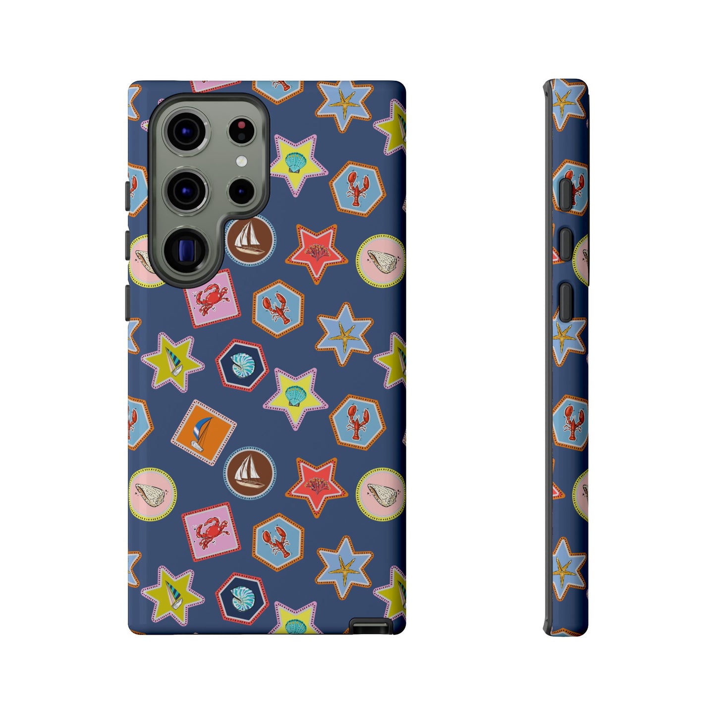 Lobsters Sailboats and Seashells on Navy Blue Phone Case