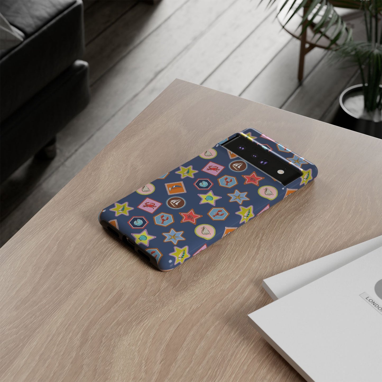Lobsters Sailboats and Seashells on Navy Blue Phone Case