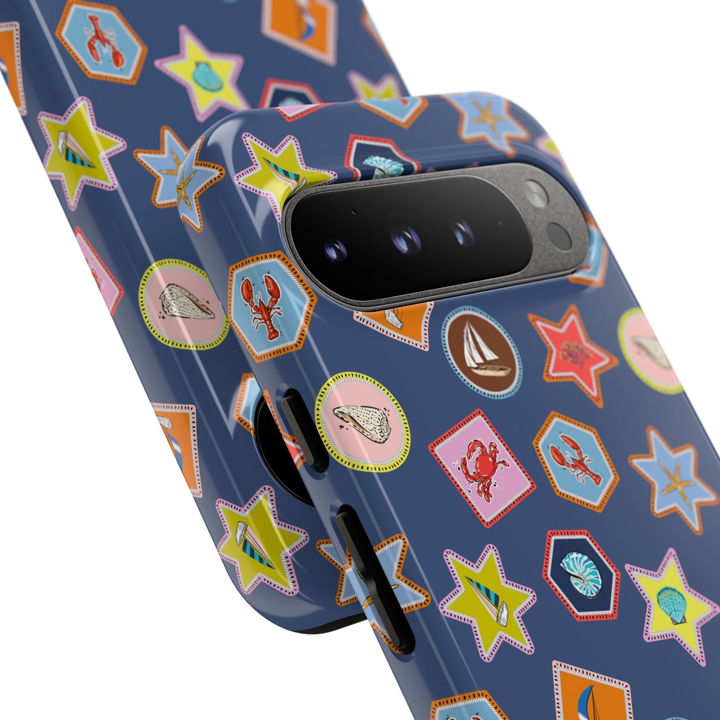 Lobsters Sailboats and Seashells on Navy Blue Phone Case