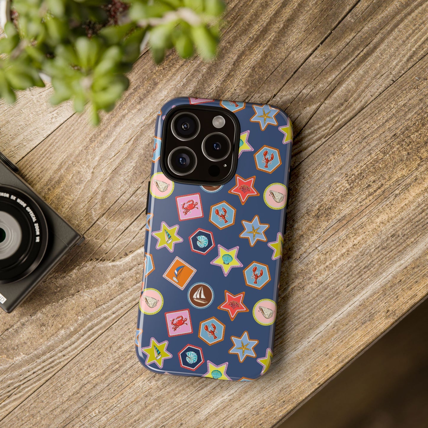 Lobsters Sailboats and Seashells on Navy Blue Phone Case