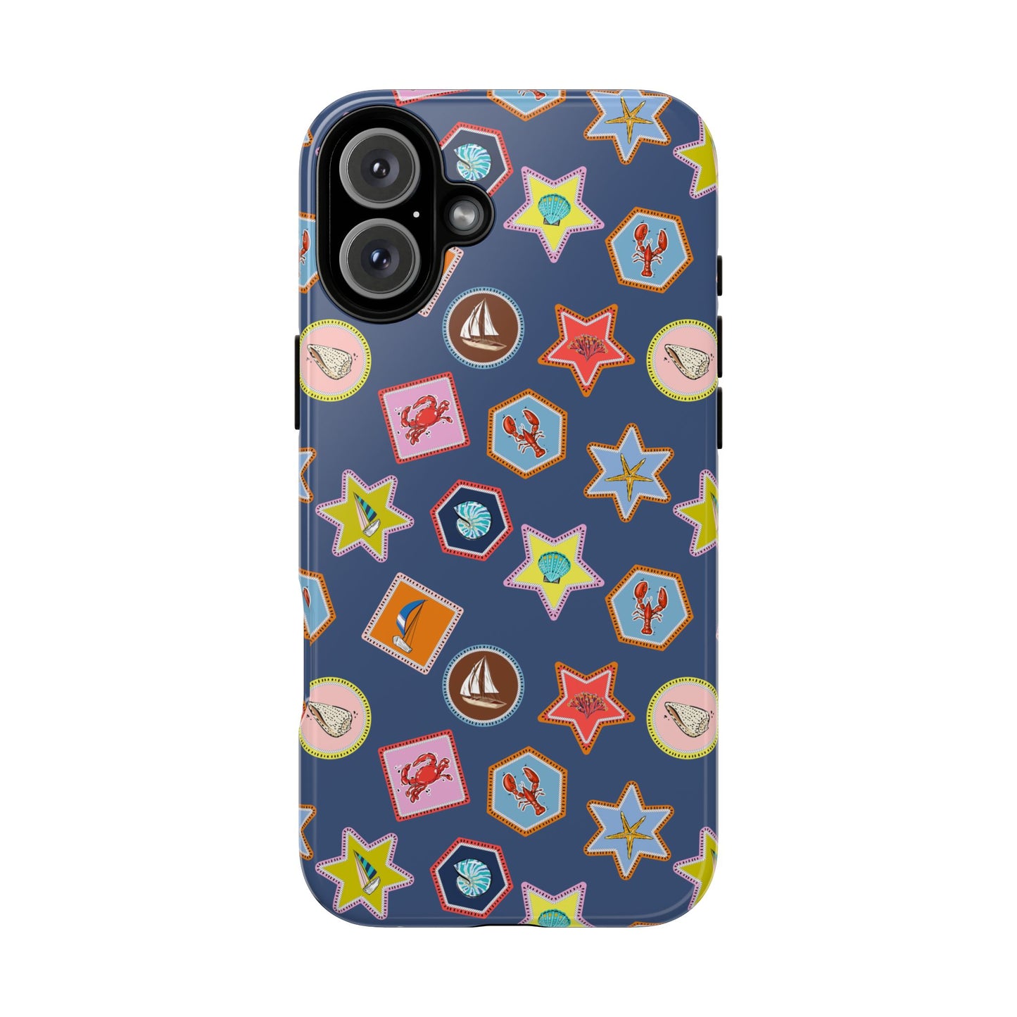 Lobsters Sailboats and Seashells on Navy Blue Phone Case