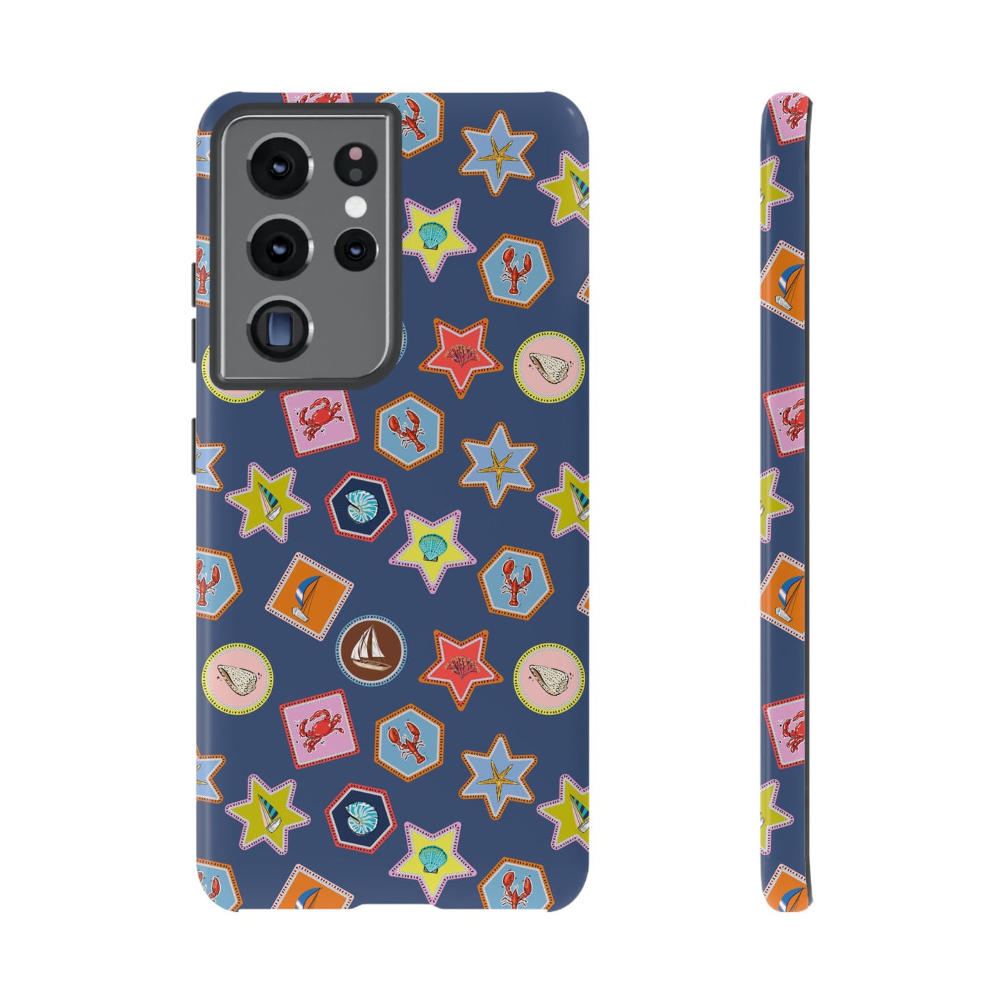 Lobsters Sailboats and Seashells on Navy Blue Phone Case