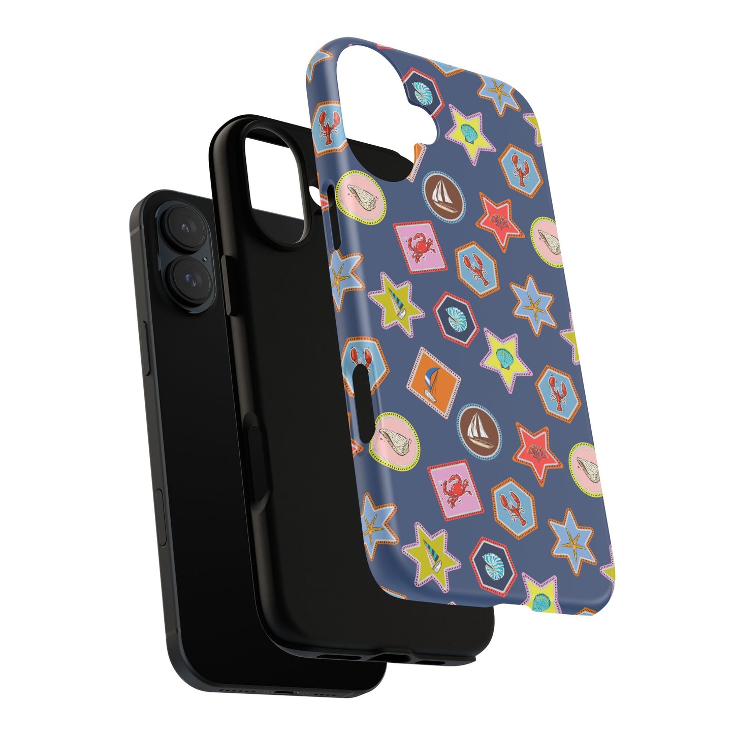 Lobsters Sailboats and Seashells on Navy Blue Phone Case
