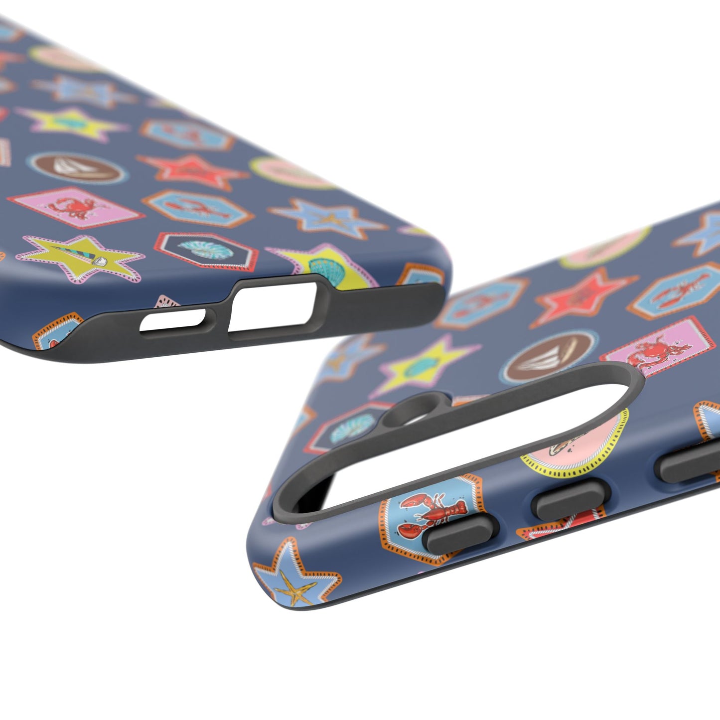 Lobsters Sailboats and Seashells on Navy Blue Phone Case
