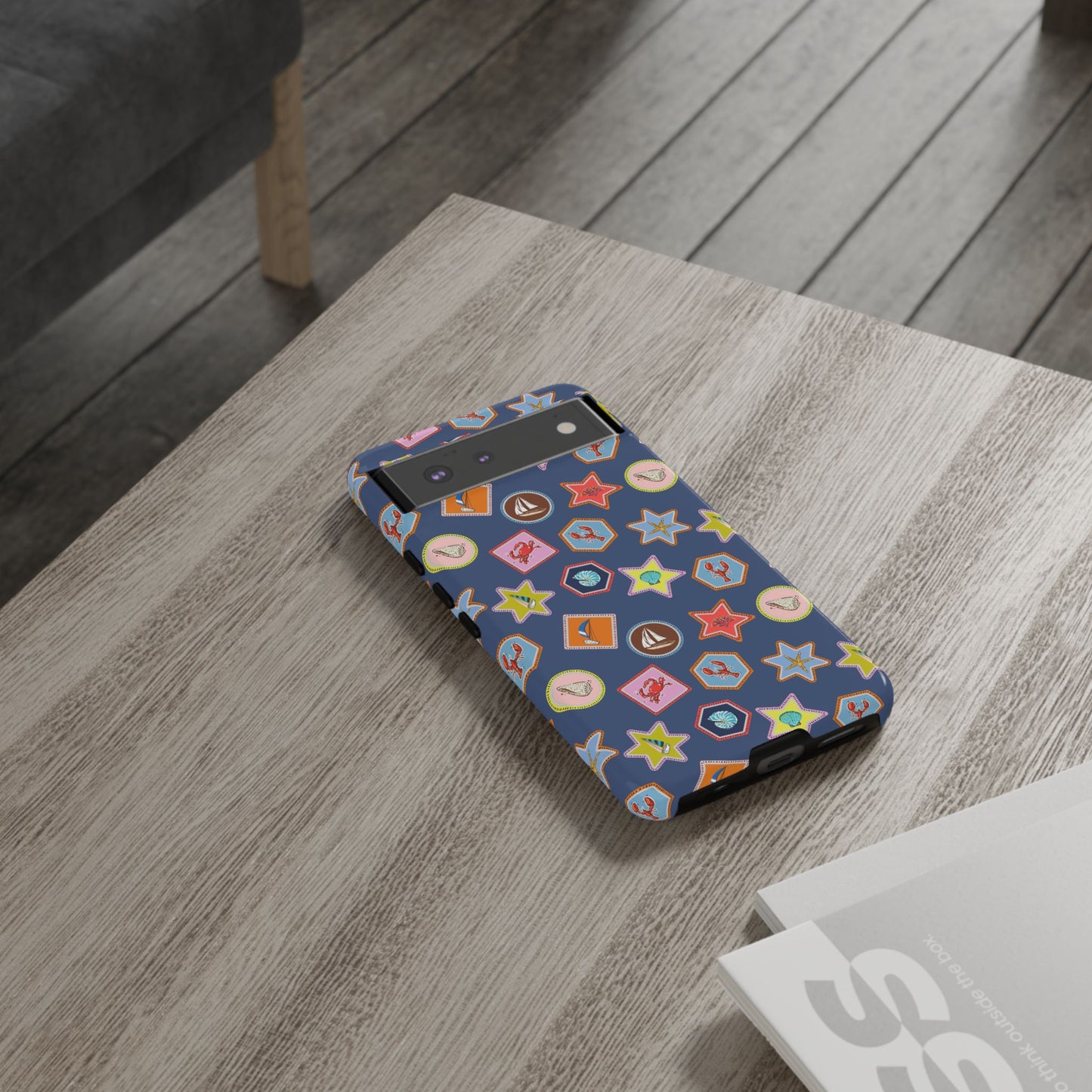 Lobsters Sailboats and Seashells on Navy Blue Phone Case