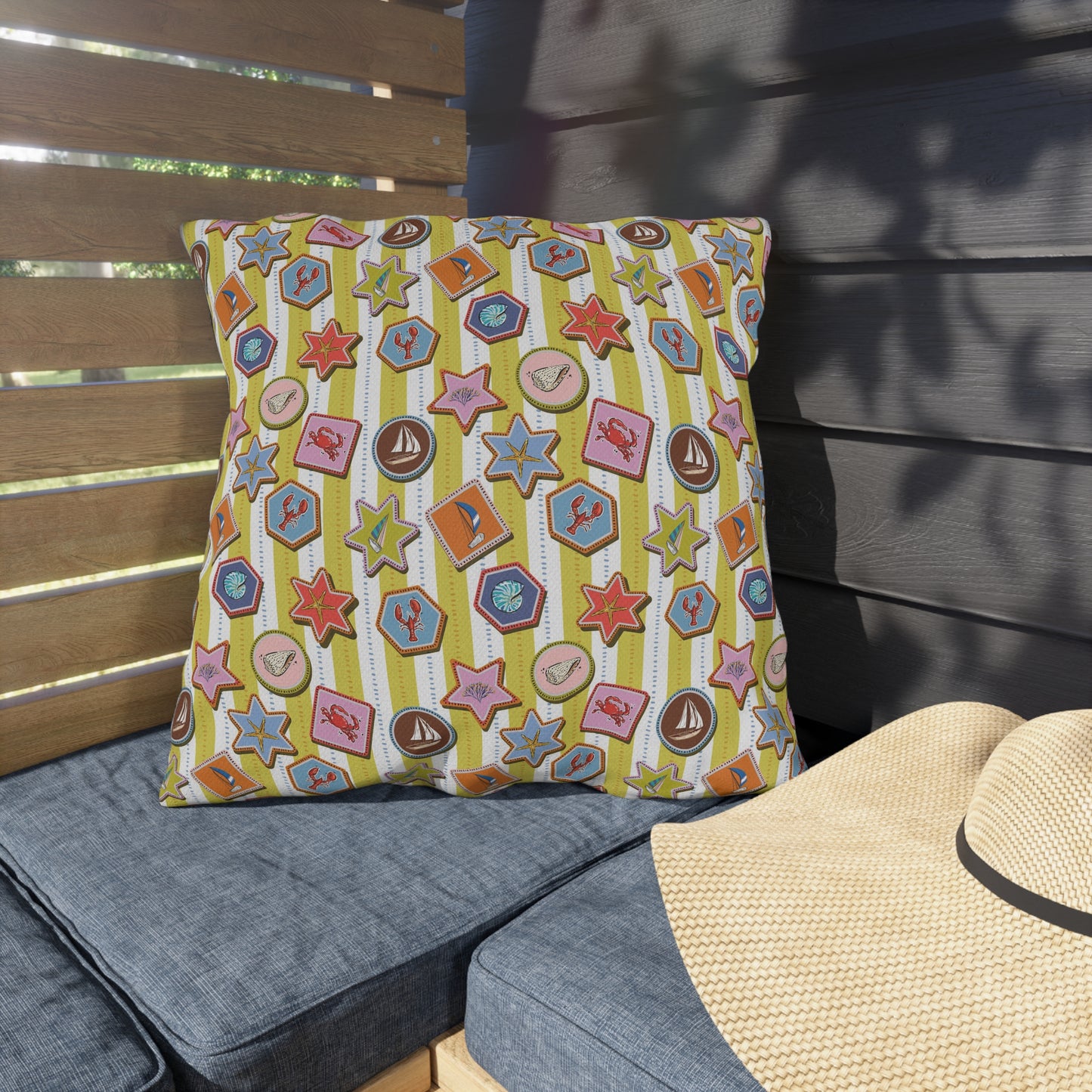 Coastal Nautical Outdoor Throw Pillow – Beach House Patio Cushion with Lobsters, Sailboats & Seashells