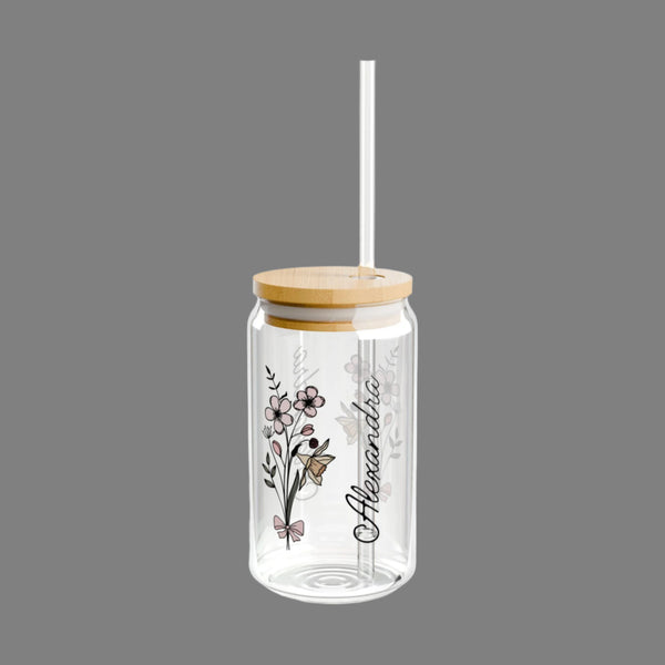 Personalized March Flower 16oz Can Glass - Stylish Sipper with Bamboo Lid and Straw