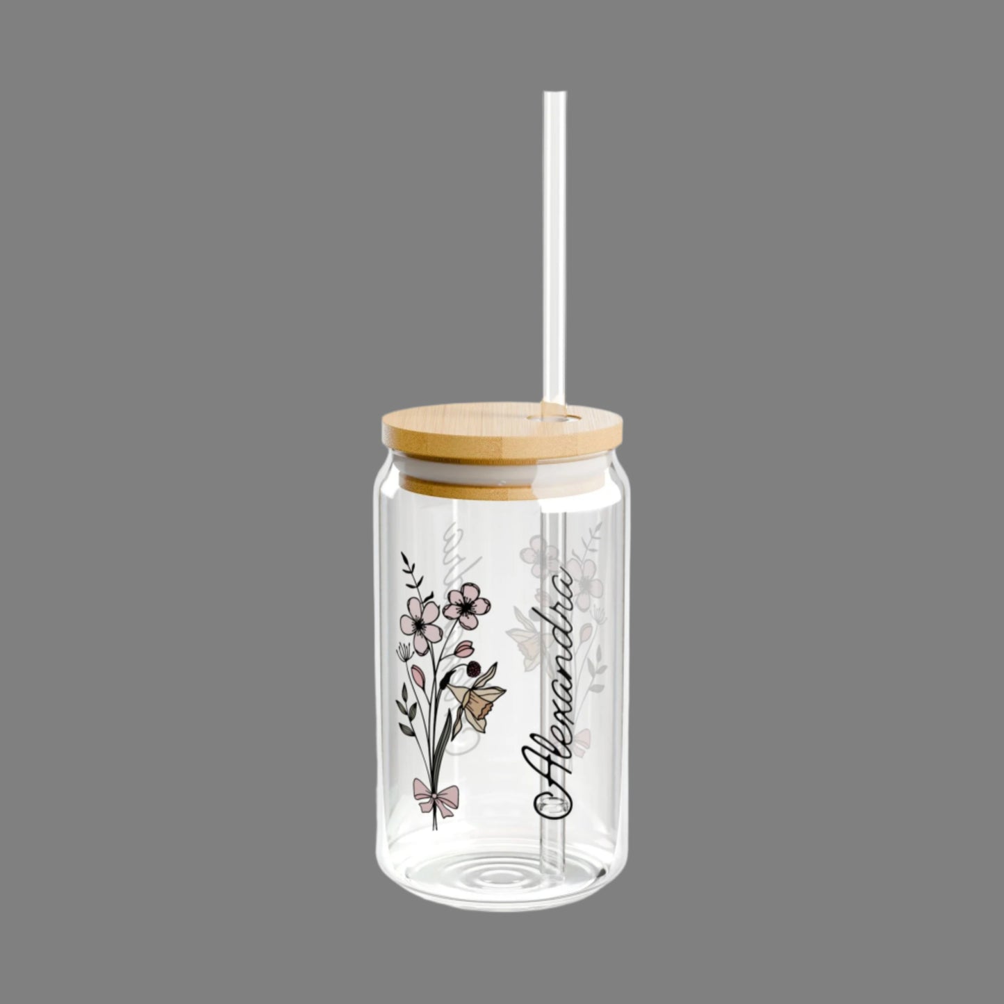 Personalized March Flower - 16oz Glass With Lid and Straw