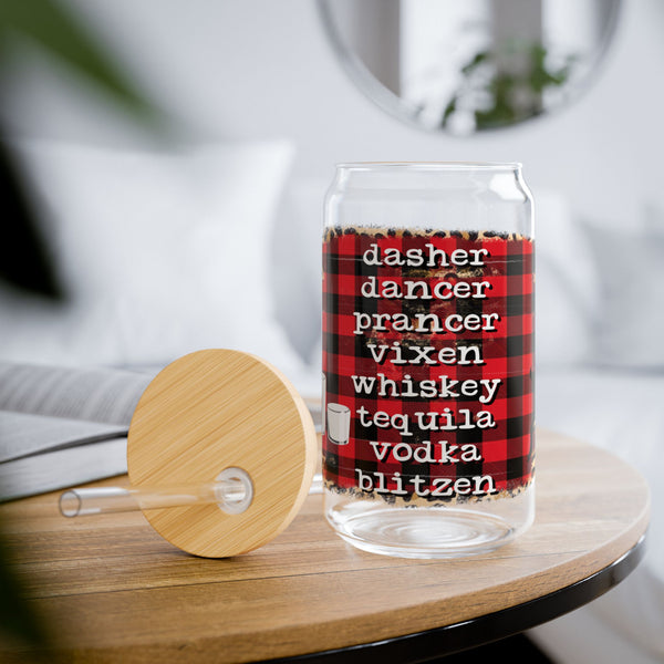 Funny Reindeer 16oz Glass, Reindeer Can Glass, Christmas Gift Cup, Glass Jar with Lid and Straw, 16oz Glass Cup, Libbey Cup