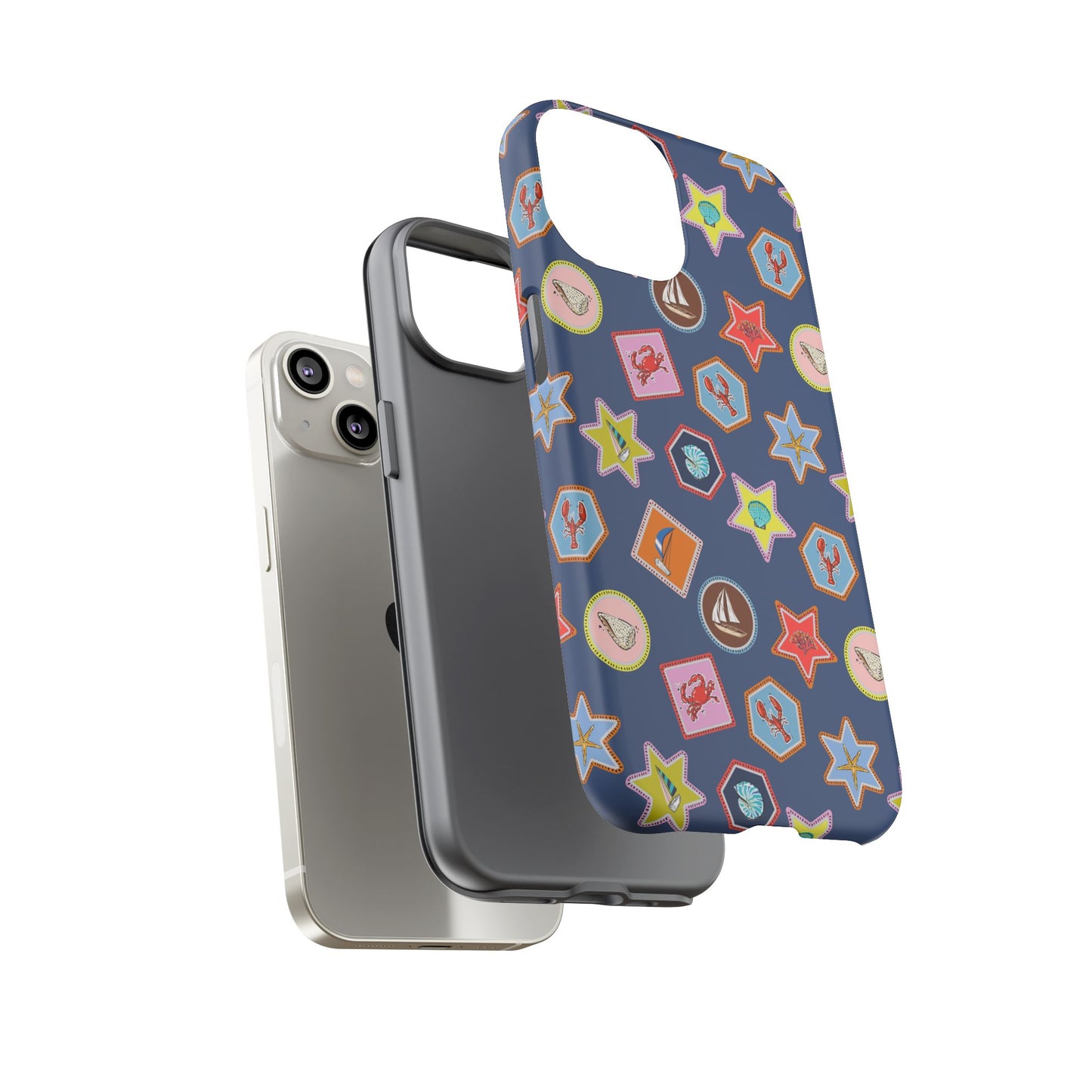 Lobsters Sailboats and Seashells on Navy Blue Phone Case