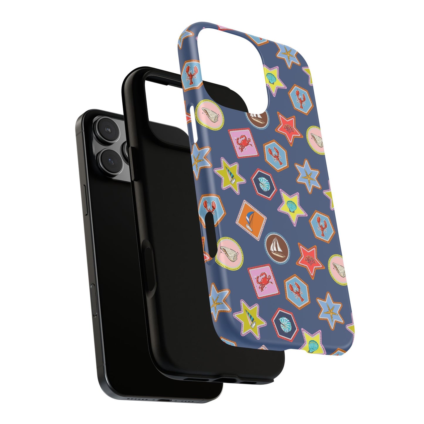 Lobsters Sailboats and Seashells on Navy Blue Phone Case
