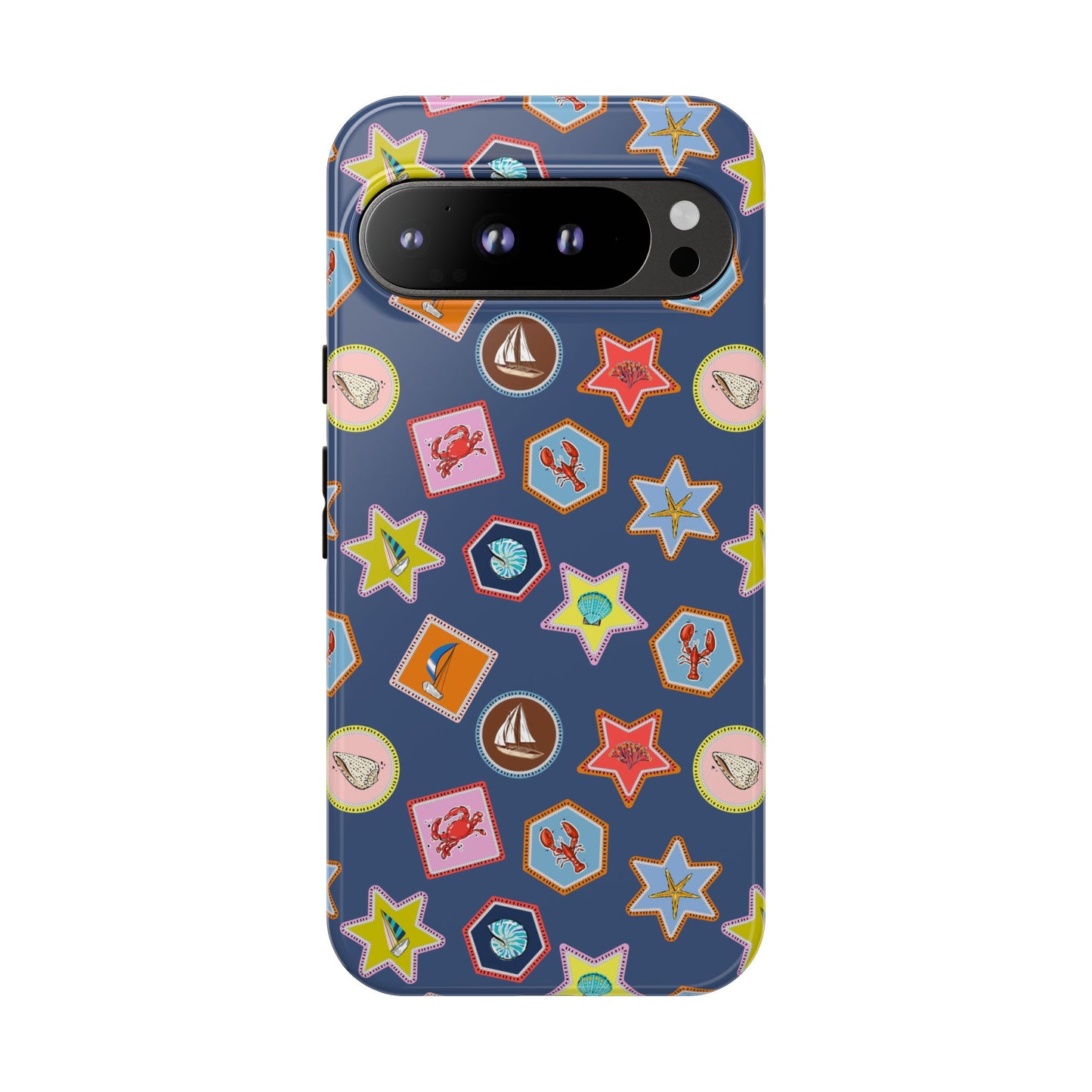 Lobsters Sailboats and Seashells on Navy Blue Phone Case