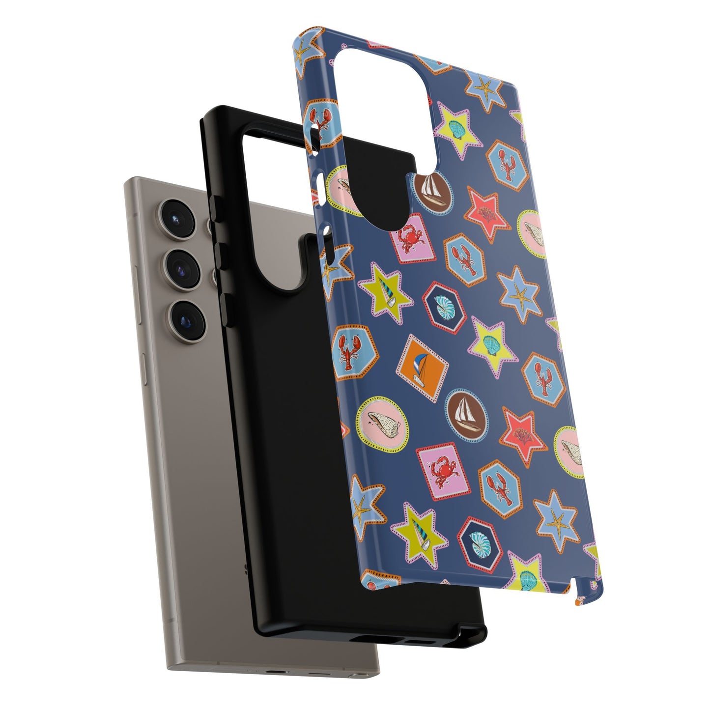 Lobsters Sailboats and Seashells on Navy Blue Phone Case