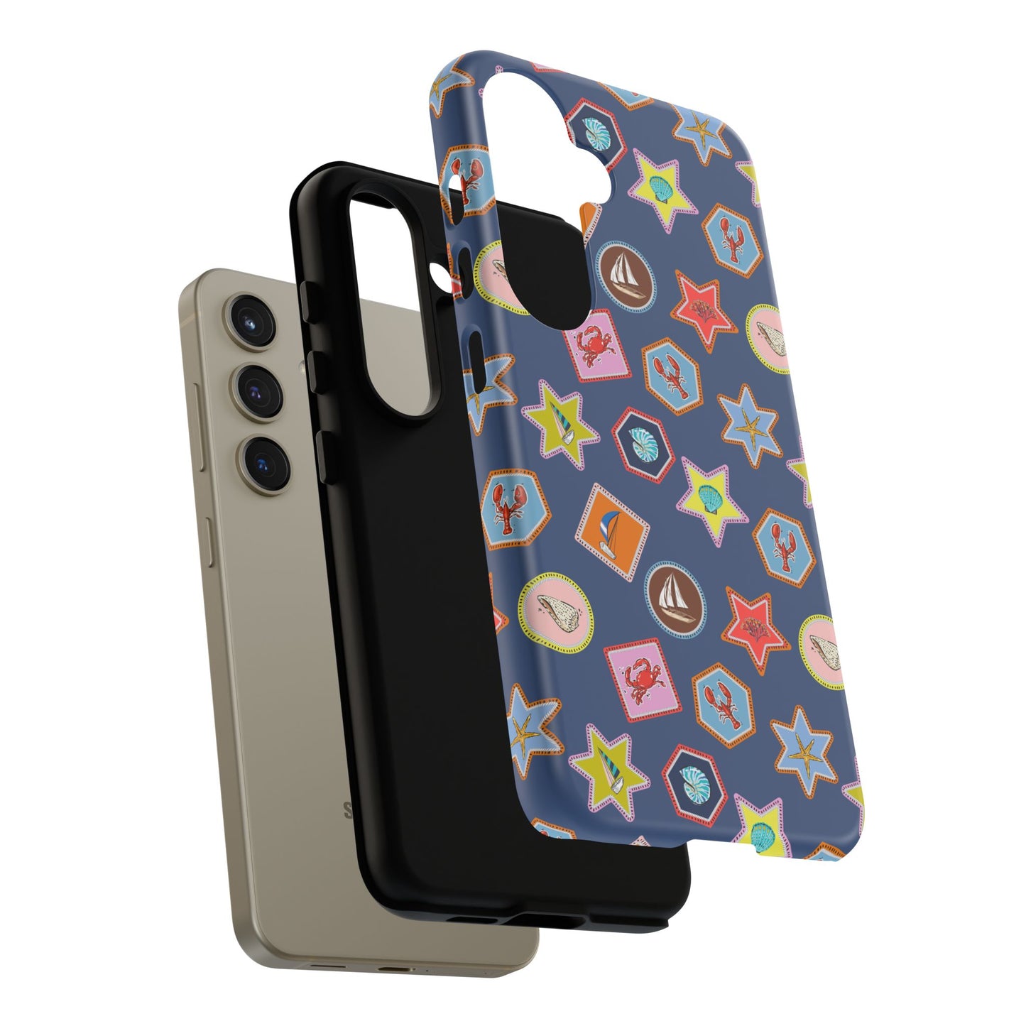 Lobsters Sailboats and Seashells on Navy Blue Phone Case