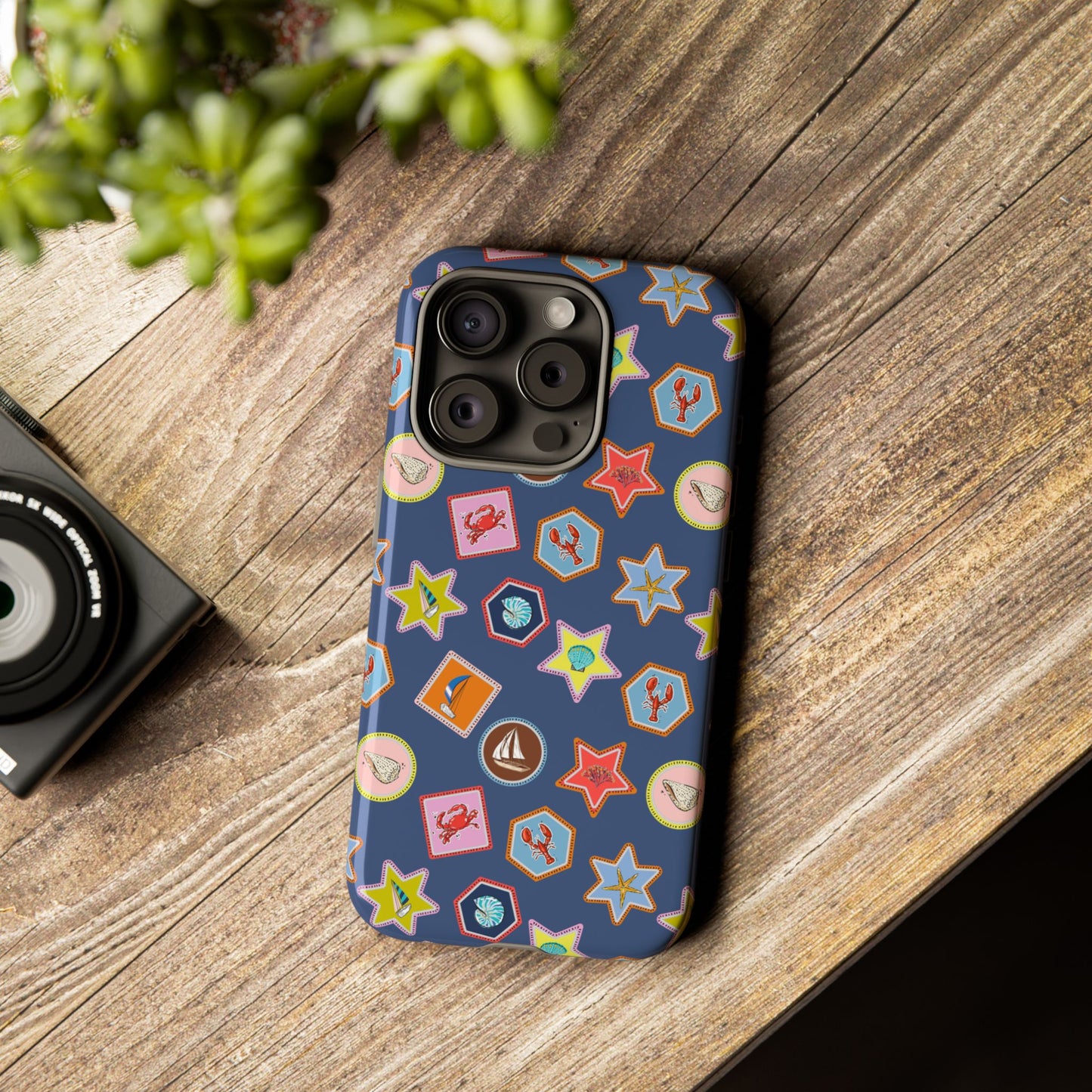 Lobsters Sailboats and Seashells on Navy Blue Phone Case