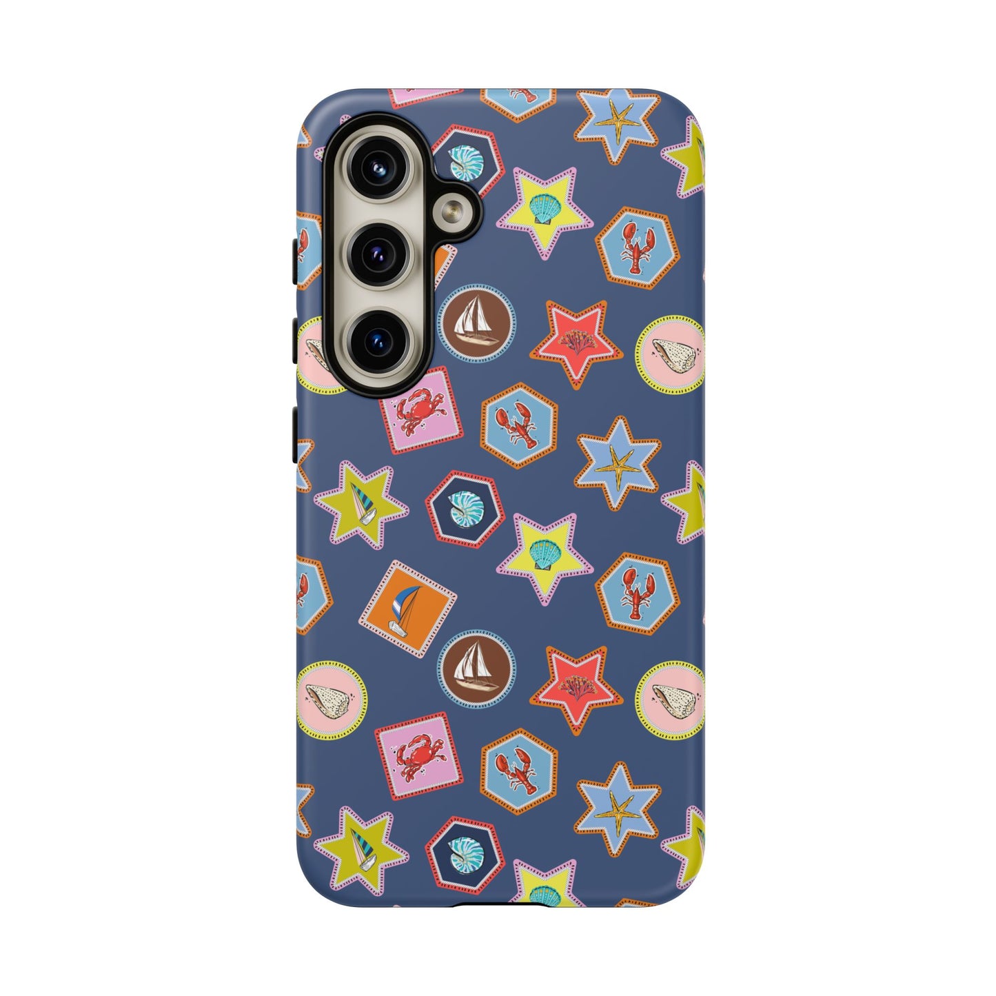 Lobsters Sailboats and Seashells on Navy Blue Phone Case
