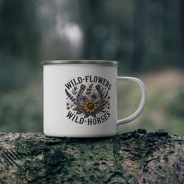 Wild Flowers Wild Horses Enamel Camping Mug, 12oz Stainless Steel Rustic Outdoor Mug, Floral Horseshoe Design