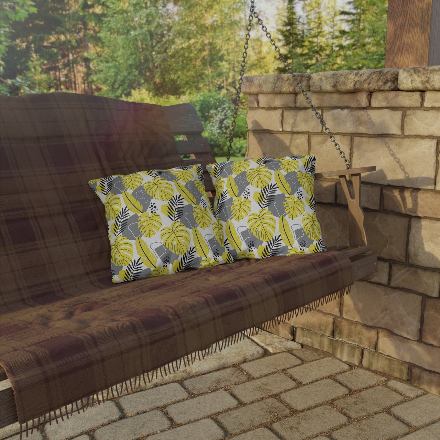 Outdoor Pillow - Yellow and Gray Tropical Leaf Throw Pillow