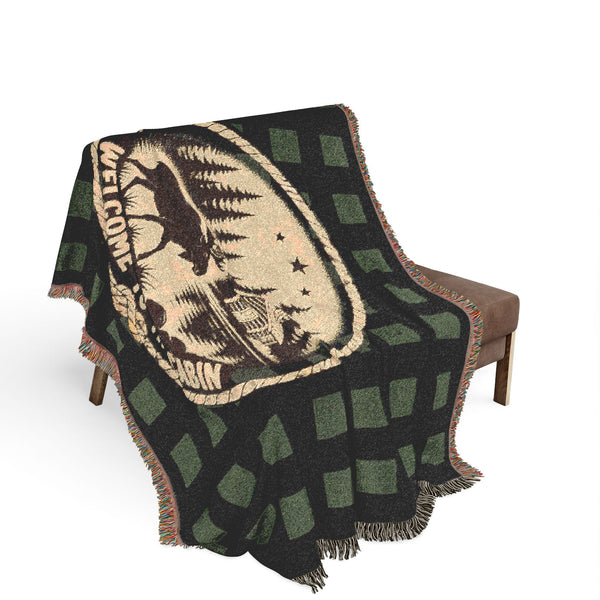 Welcome to the Cabin Woven Blanket | Moose, Log Cabin & Lake Buffalo Plaid Throw | Rustic Lodge Decor | Fall & Winter Gift