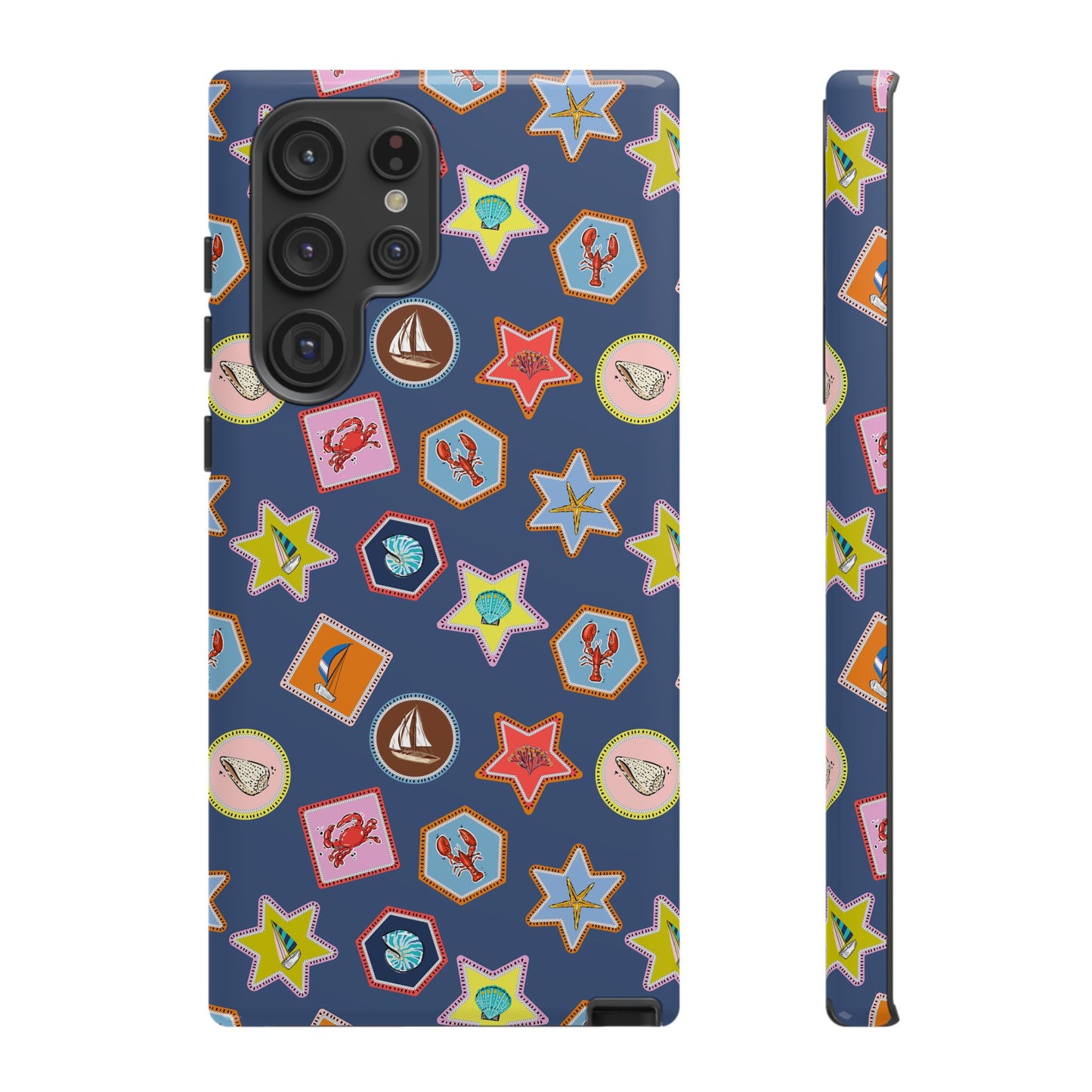 Lobsters Sailboats and Seashells on Navy Blue Phone Case