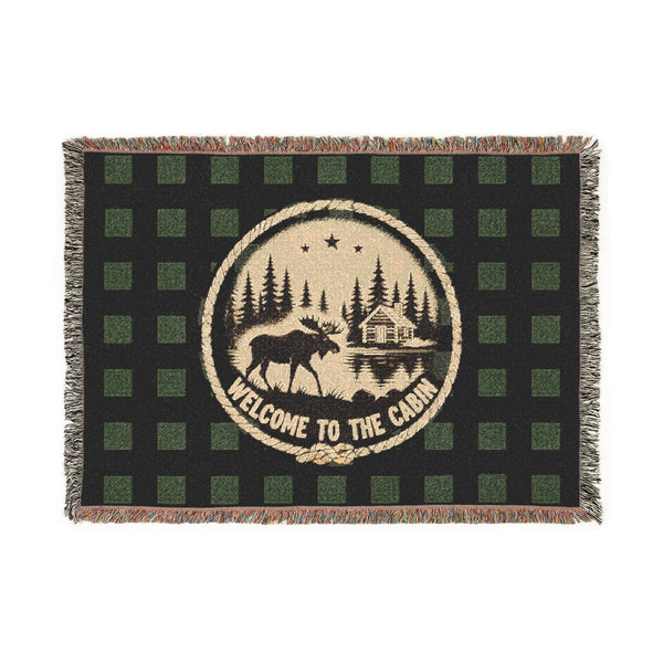 Welcome to the Cabin Woven Blanket | Moose, Log Cabin & Lake Buffalo Plaid Throw | Rustic Lodge Decor | Fall & Winter Gift